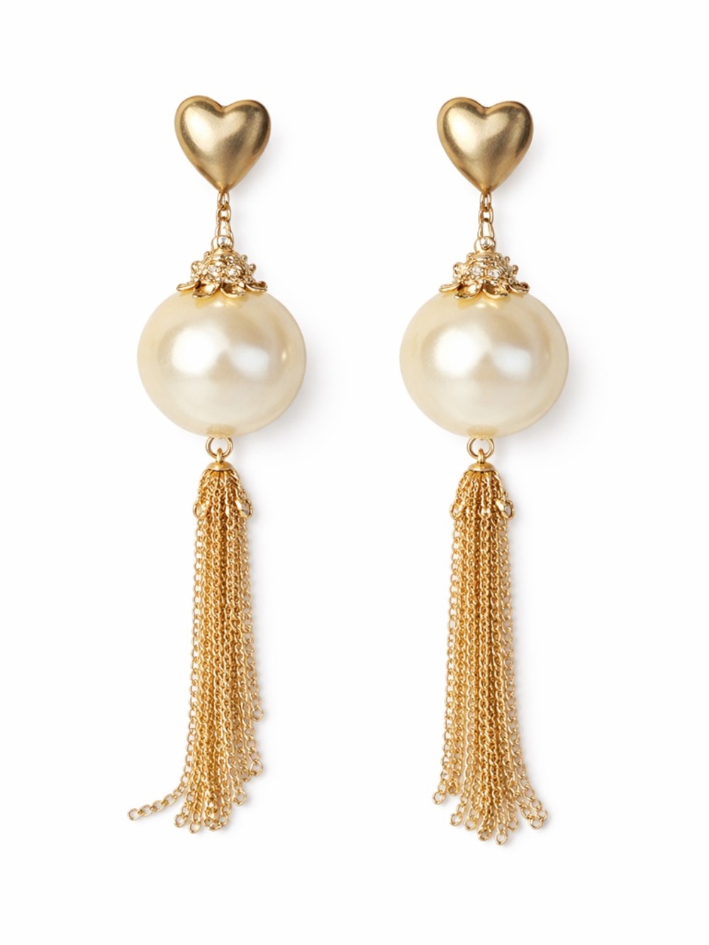 Vintage Betsey Johnson Heart Pearl Tassel Statement Earrings Gold Tone